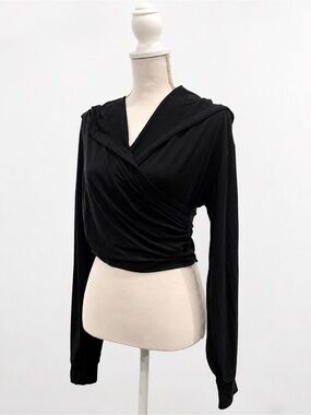OYSHO Black Wrap-Front Long Sleeve Top with Hood